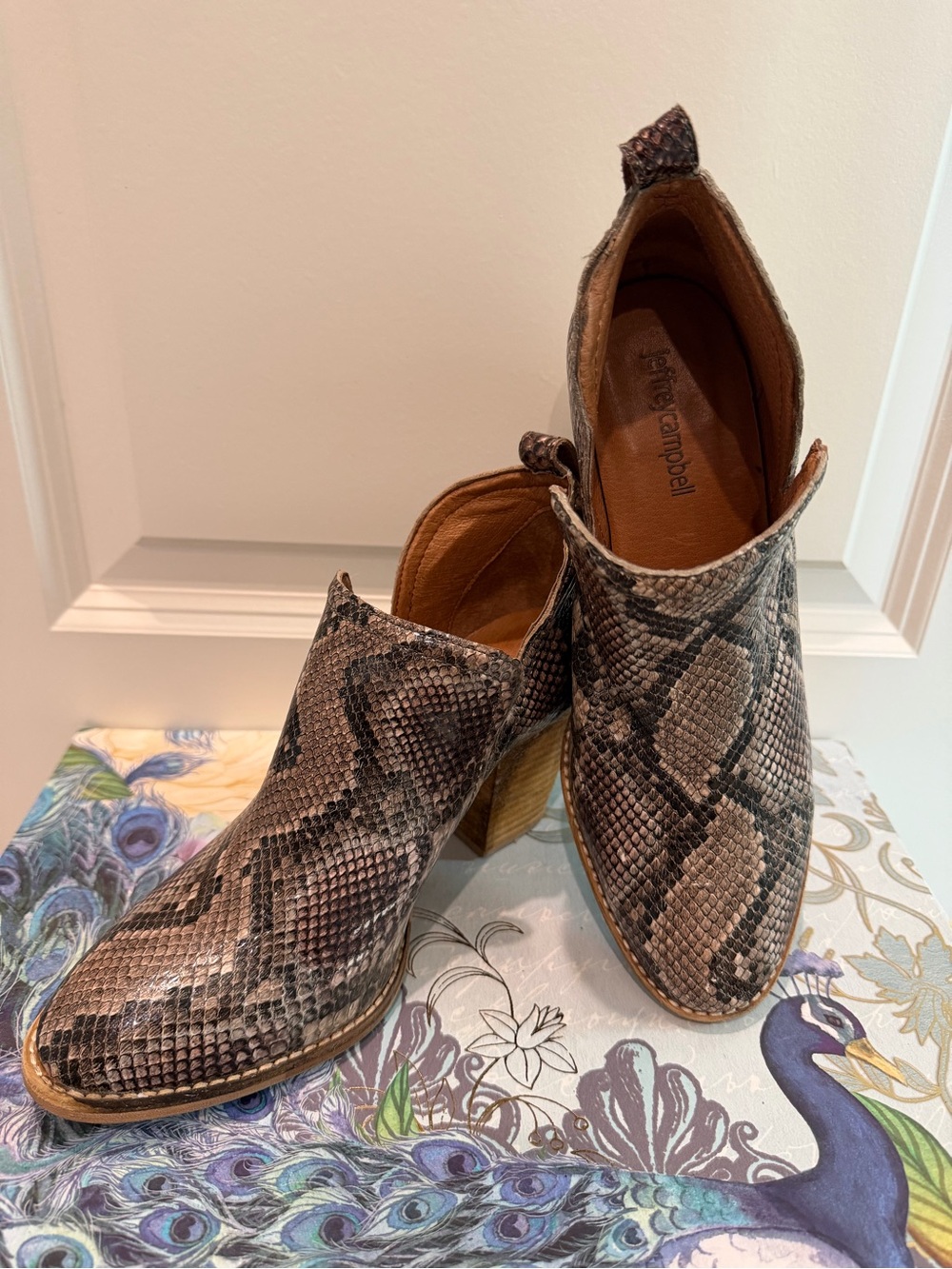 Jeffrey Campbell Snakeskin Leather Cutout Ankle Booties Block Heel 7.5